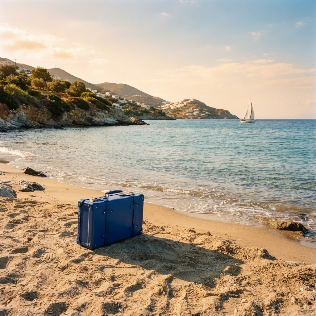Blue suitcase beside a sunlit Mediterranean coast